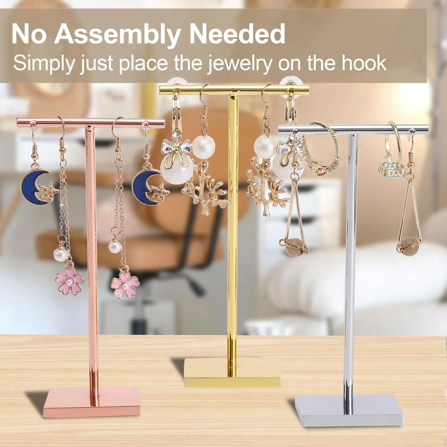 T-shape metal shinny earring stand, shinny gold, silver, copper color, Earring Display props, Earring Stands Jim Display