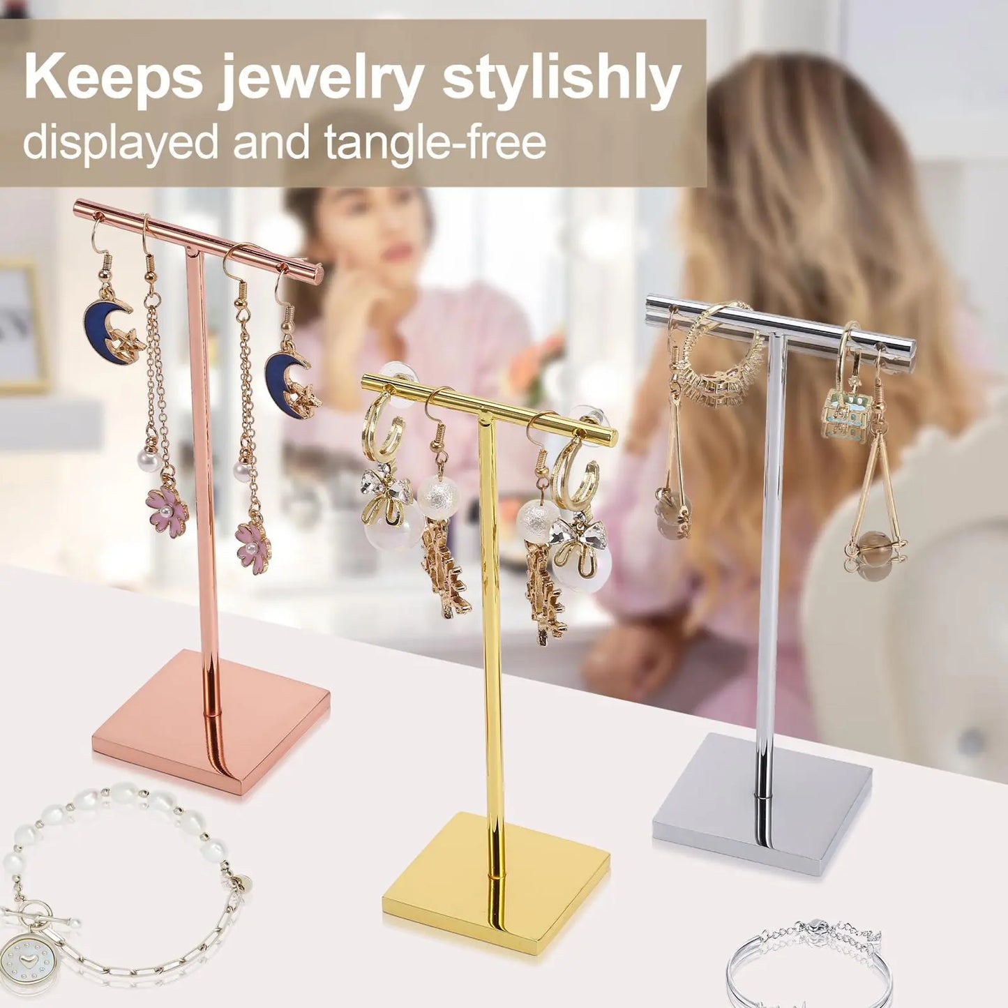 T-shape metal shinny earring stand, shinny gold, silver, copper color, Earring Display props, Earring Stands Jim Display