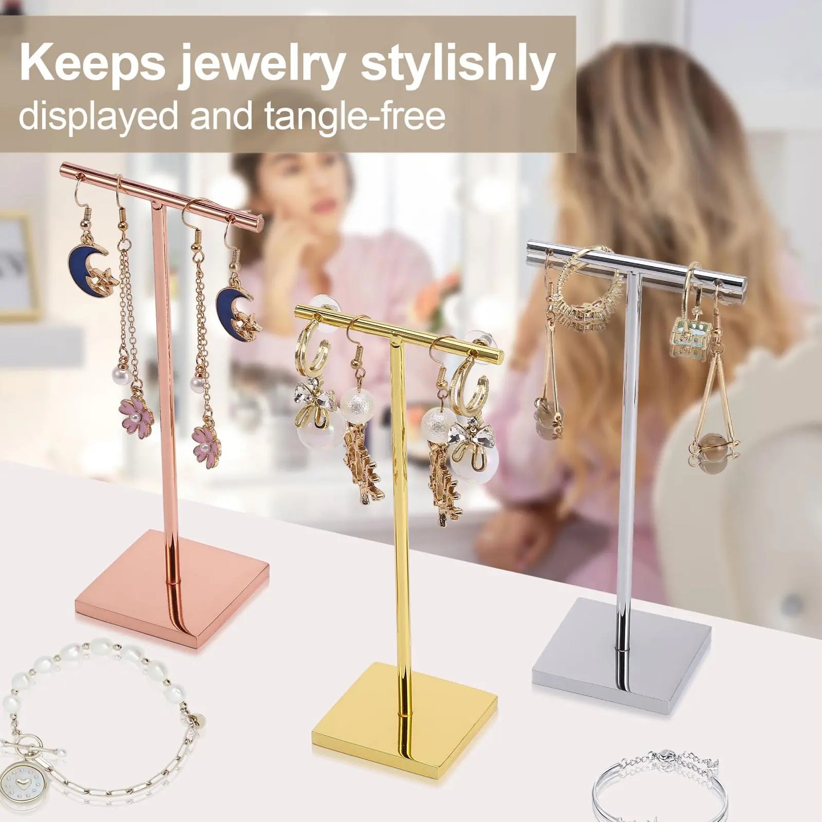 T-shape metal shinny earring stand, shinny gold, silver, copper color, Earring Display props, Earring Stands Jim Display