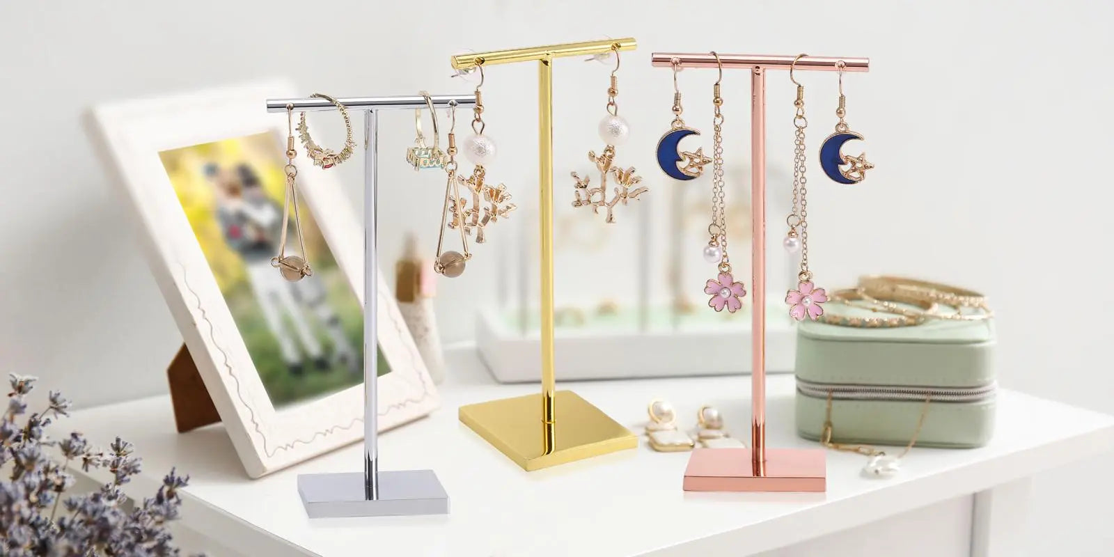 T-shape metal shinny earring stand, shinny gold, silver, copper color, Earring Display props, Earring Stands Jim Display