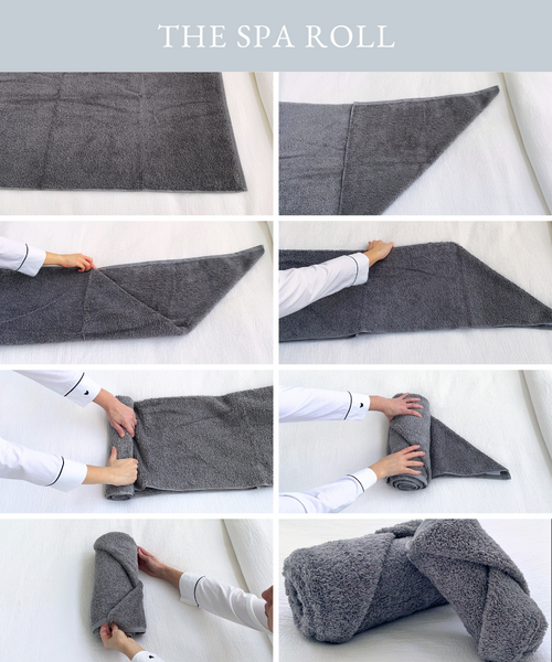 spa towel roll, rolling towels like a spa, elegant towel styling, towel display ideas