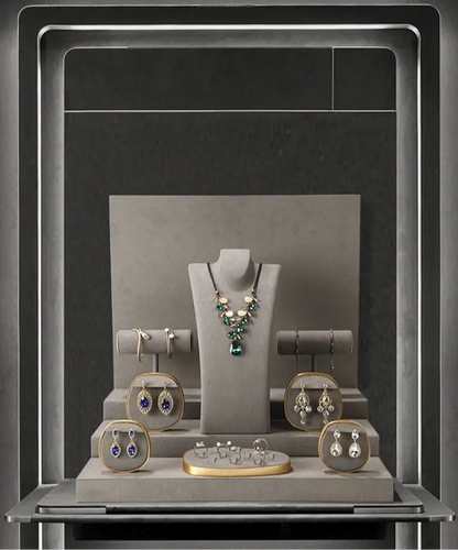 Luxury jewelry window display, props, rings, necklaces, earrings, jade display shelves, ladder jewelry display shelves Jim Display