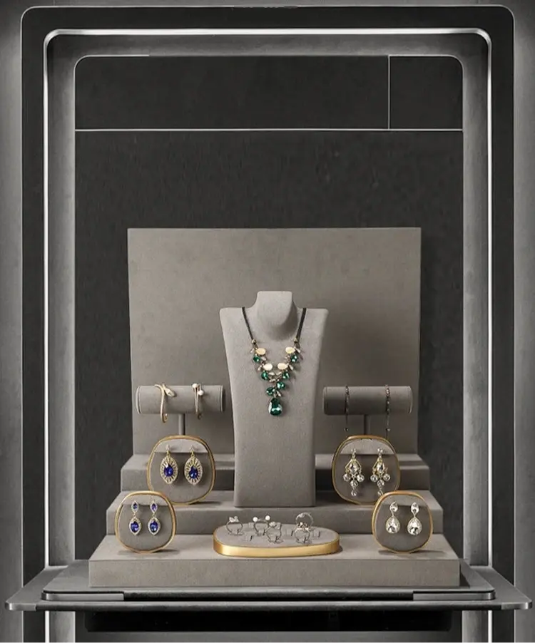 Luxury jewelry window display, props, rings, necklaces, earrings, jade display shelves, ladder jewelry display shelves Jim Display